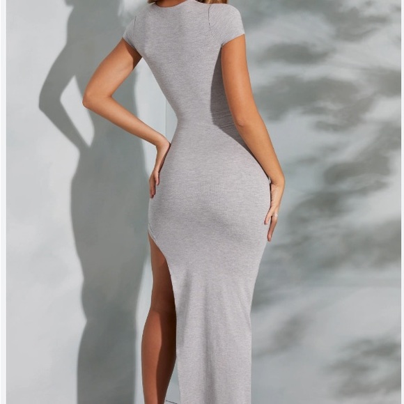 Oh Polly Drawstring Asymmetrical Short Sleeve Maxi in Marled Gray - Picture 3 of 6